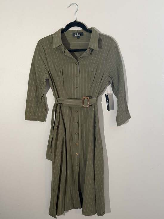 Lulus Dresses & Skirts - Lulus Olive Green Pinstripe Belted Button-Down Midi Dress Size S